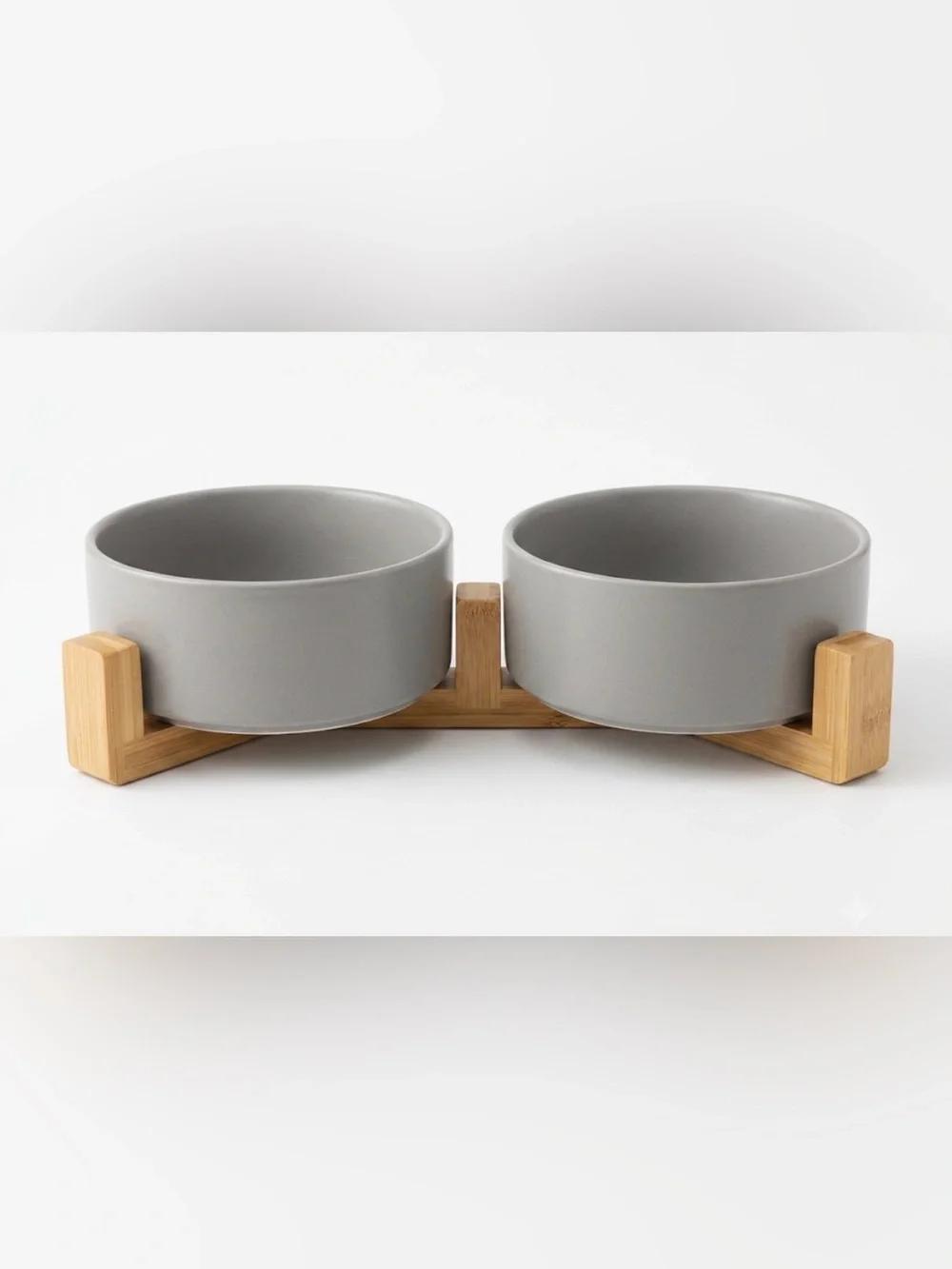 Modern Gray Ceramic Double Dog Bowl with Bamboo Stand